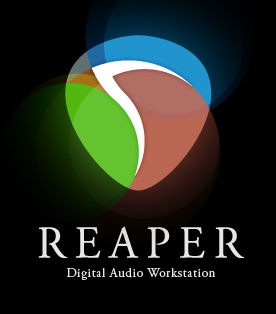 Logo for the digital audio workstation software Reaper, with curving green, red, blue, and white shapes forming a guitar pick shape