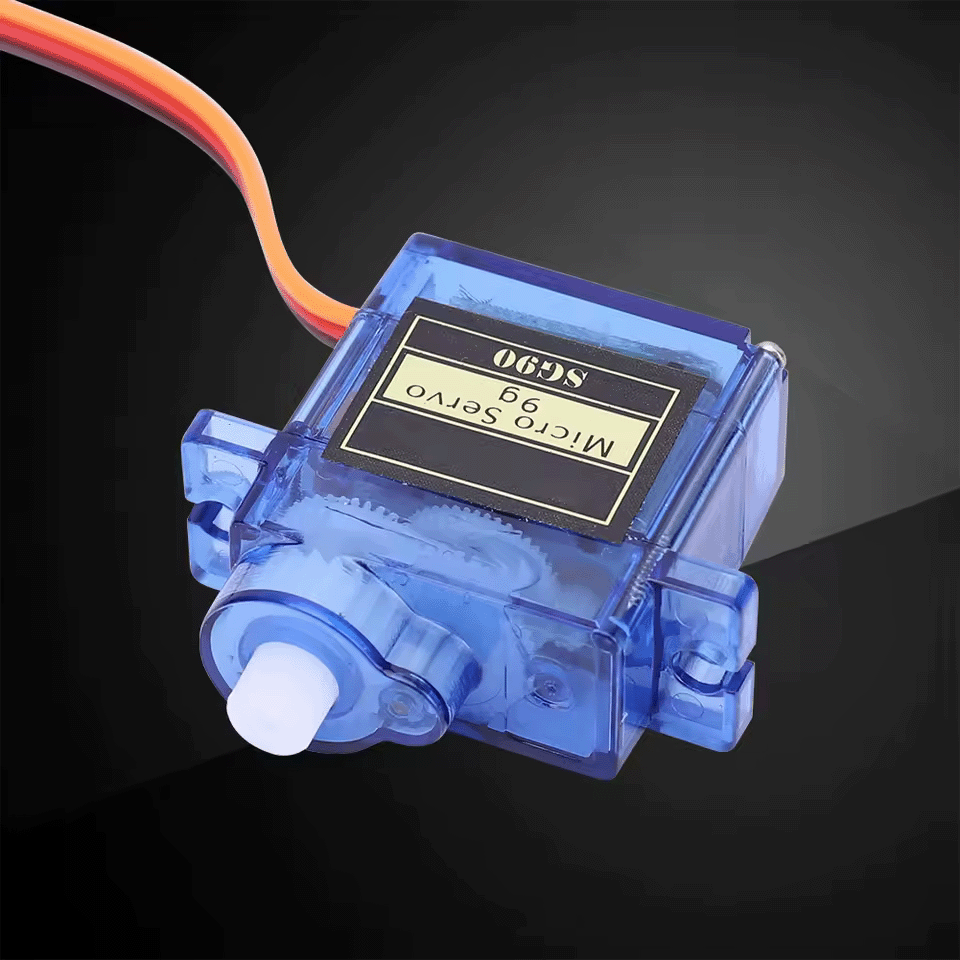 Photo of a servo motor (computer-controllable motor) with plastic gears inside a transparent blue plastic case