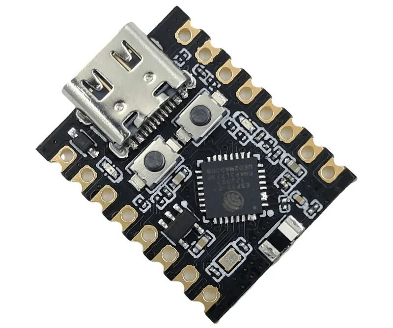Photo of an ESP32-C3 Super Mini microcontroller, a quarter-sized circuit board with 16 pin holes along the edges