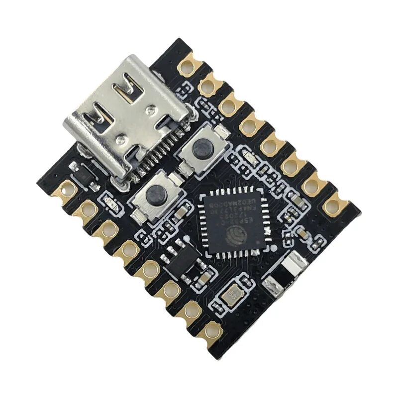 Photo of an ESP32-C3 Super Mini microcontroller, a quarter-sized circuit board with 16 pin holes along the edges
