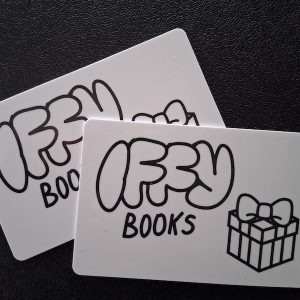 A photo of two Iffy Books gift cards, with an icon of a wrapped present next to the Iffy Books logo