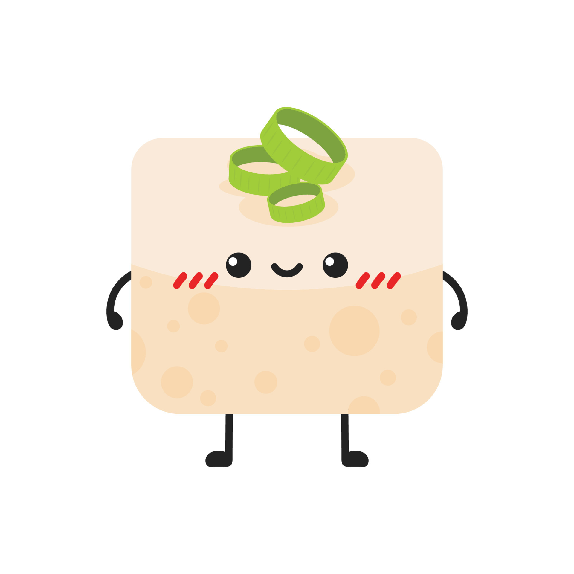 Cartoon image of a smiling tofu cube with red cheeks and green onion on its head Credit to Vecteezy (vecteezy.com)
