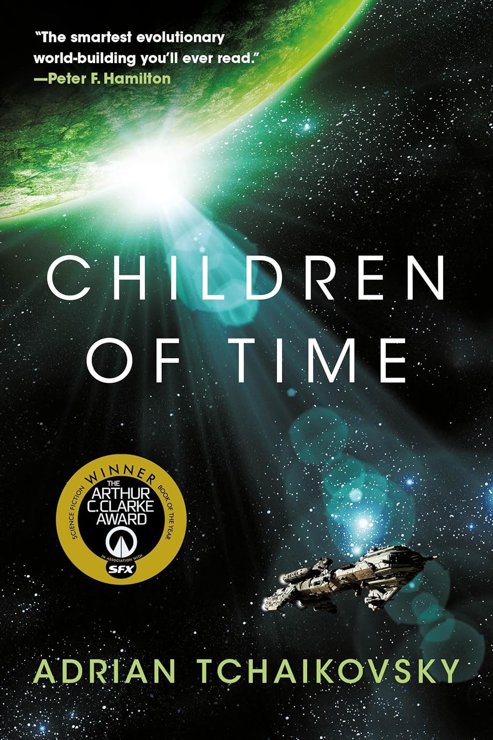 Cover of the book 'Children of Time' by Adrian Tchaikovsky, with an illustration of a tiny spaceship near a giant planet with stars in the background