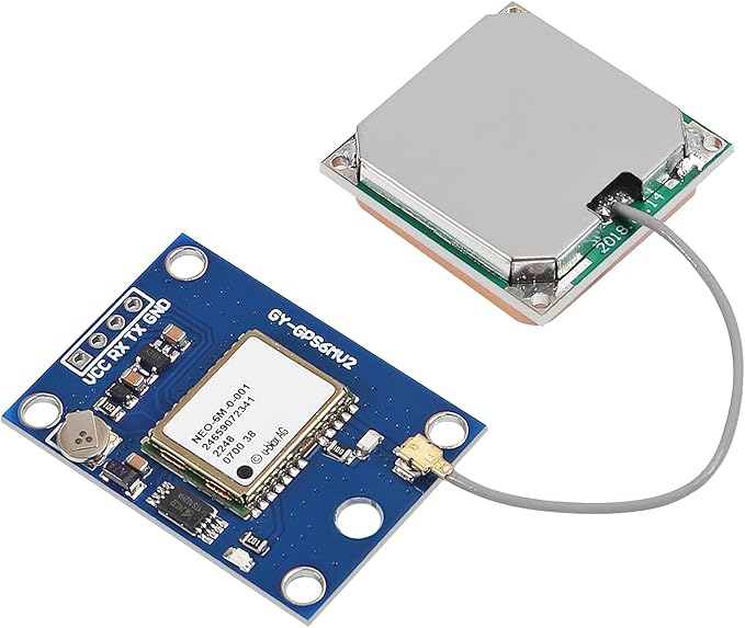 A Neo-6M GPS device, with a blue microcontroller board connected by a wire to a square metal antenna unit