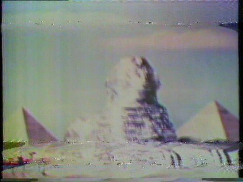 A washed-out image of the Sphinx in Egypt, screen captured from an analog video tape
