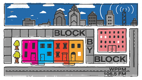 Logo for the podcast "Block By Block," with an illustration of a colorful series of rowhomes in front of the Philly skyline