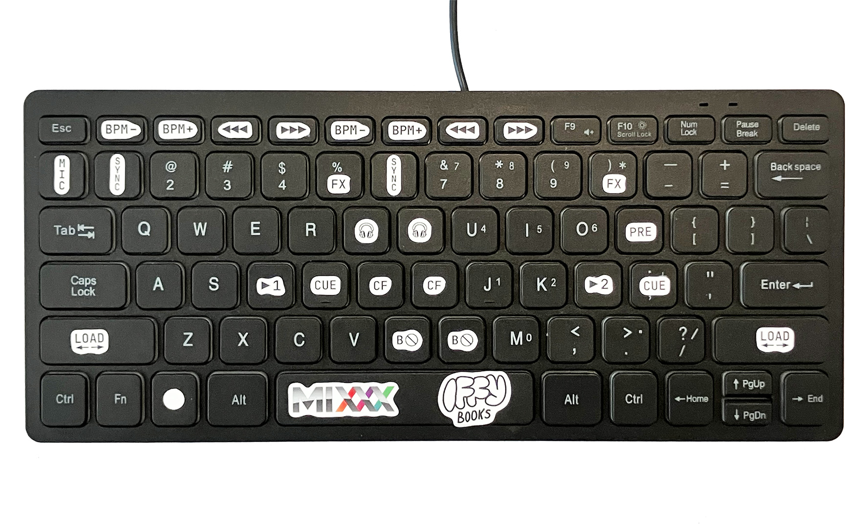A black QWERTY keyboard with stickers on some of the keys, turning it into a low-cost DJ controller for the open source program Mixxx
