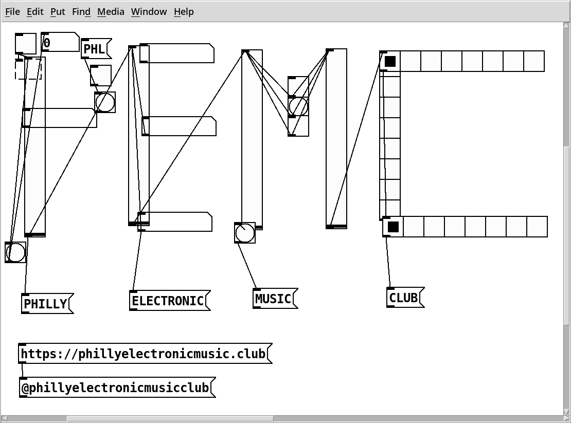 The letters PEMC spelled out in a connected nodes in a music program, with the text "Philly Electronic Music Club phillyelectronicmusic.club @phillyelectronicmusicclub