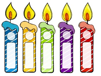Clip art illustration of 5 birthday candles in different colors