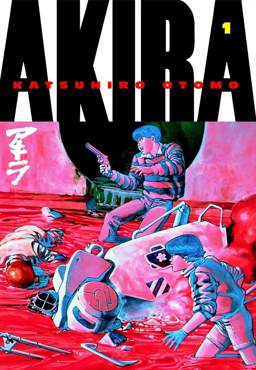 Cover of the manga 'Akira Volume 1' by Katsuhiro Otomo, with two young people (one holding a gun) wading through red liquid with wreckage and a body sprawled nearby