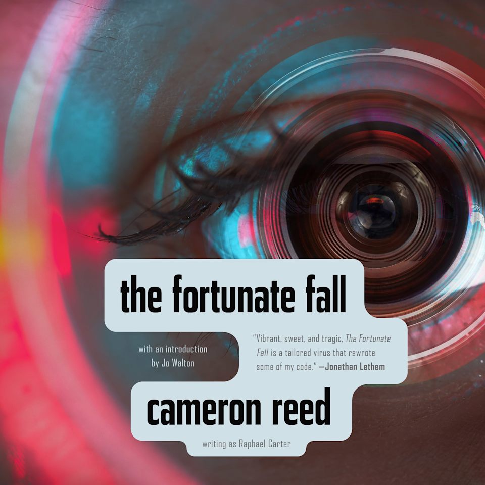 Book cover for 'The Fortunate Fall' by Cameron Reed, with a photo illustration of an eye merging with a camera lens