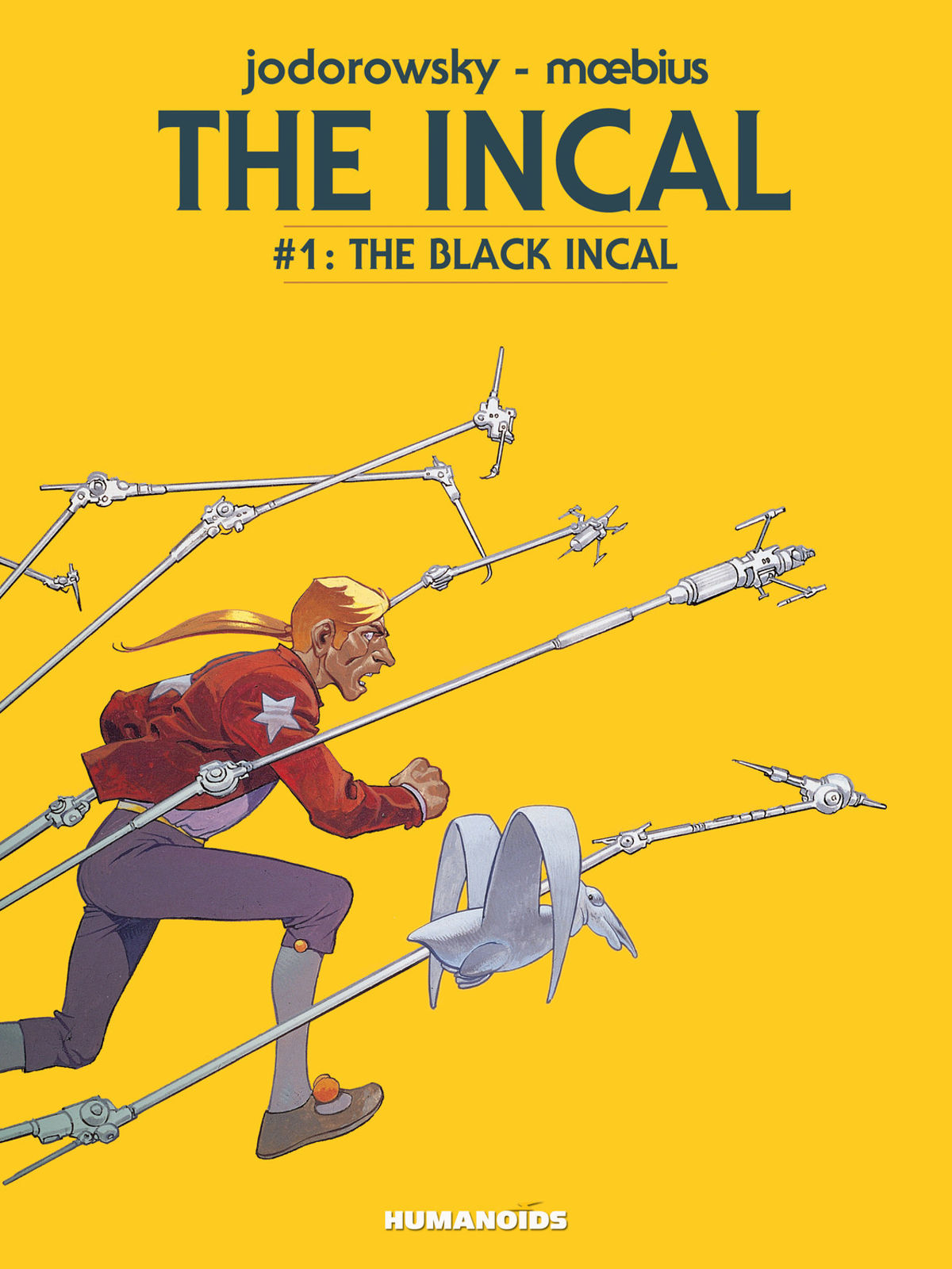 Cover of the graphic novel 'The Incal' by Alejandro Jodorowsky and Mœbius, with a person running on a yellow background and long telescoping metallic robot-looking things extending all around him