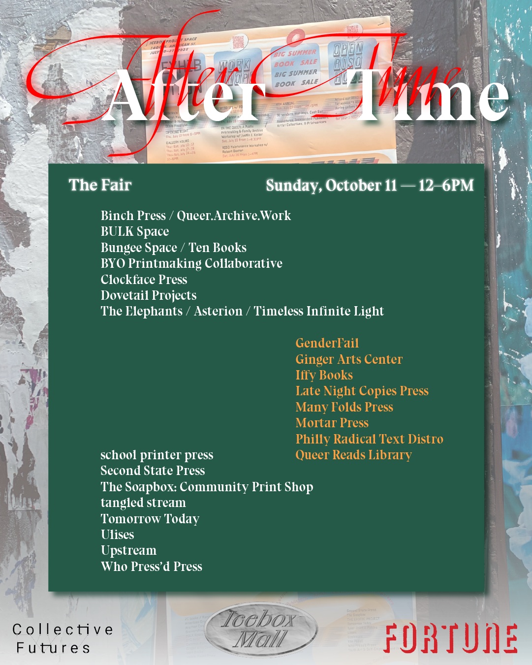 Flyer for the Collective Futures + Many Folds Press Time After Time fair on Sunday, October 11th at Icebox Project Space from noon to 6 p.m.
