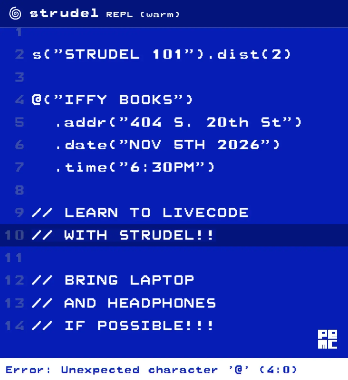 Flyer for the Learn to Livecode with Strudel class on November 5th at 6:30 p.m. at Iffy Books